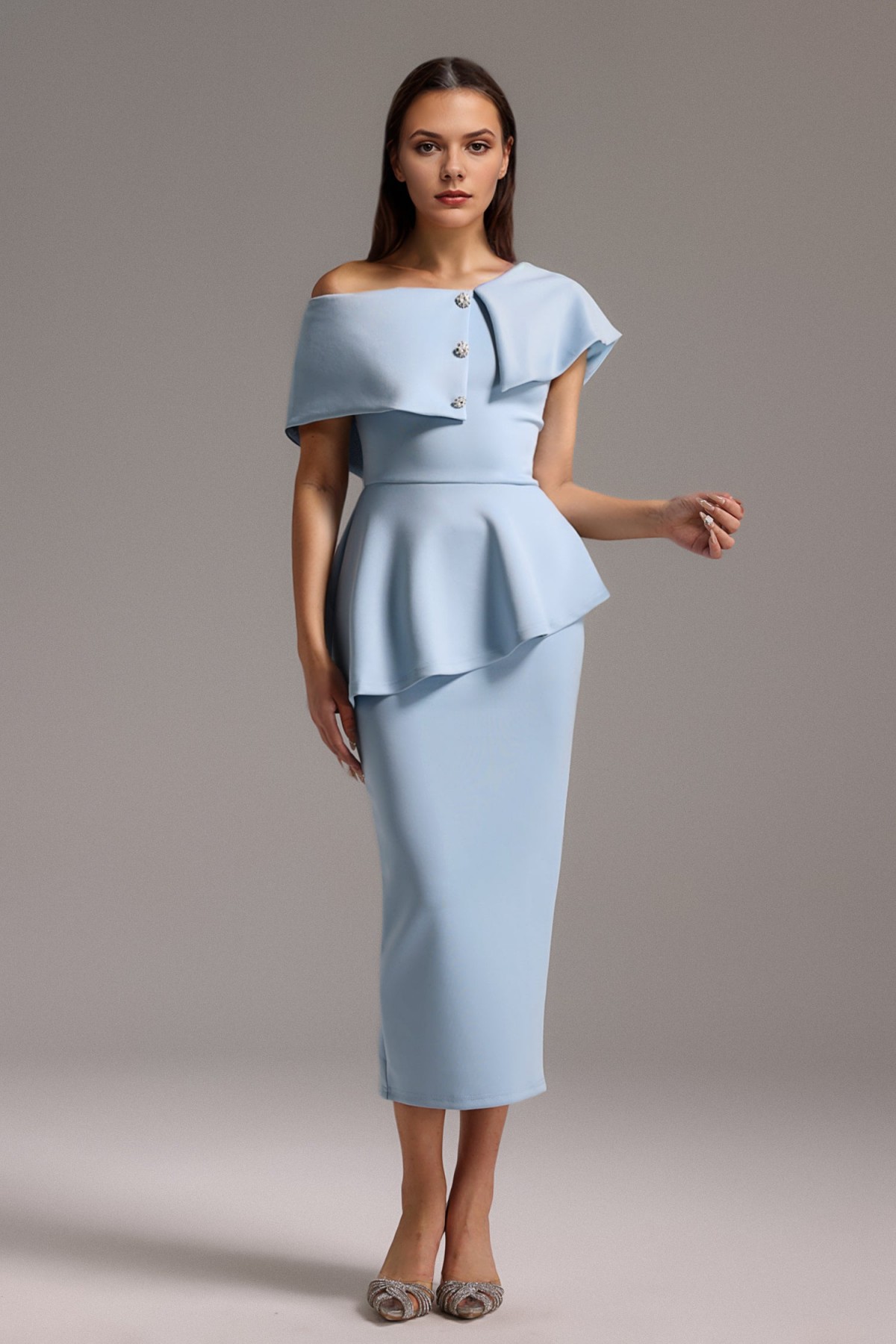 Rochie midi cu volan Tearnie cu un umăr