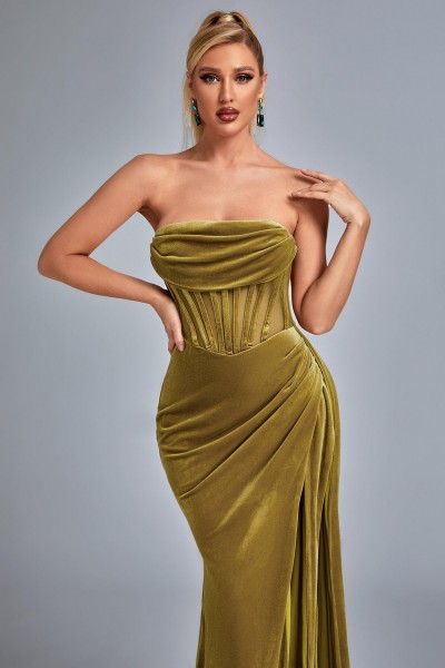 Rochie Lamva Corset Velvet Slit Maxi - Galben