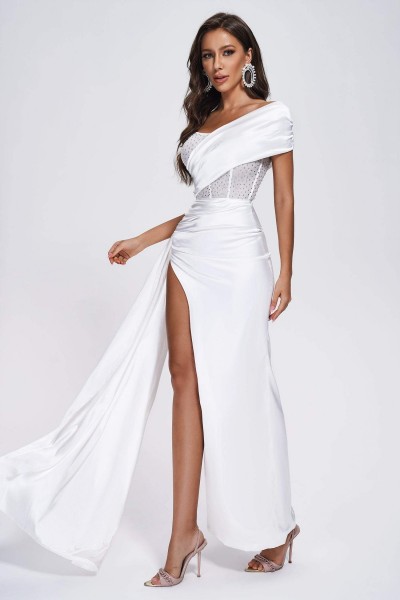Rochie Maxi Colia Diamomate Mesh Corset Satin - Alb