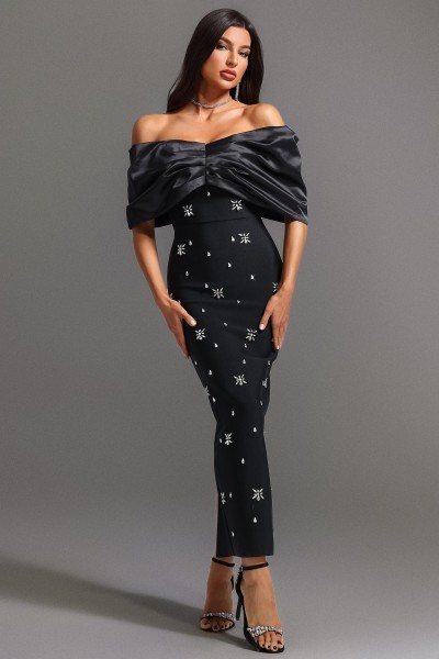 Rochie maxi cu diamante, fără umăr, Soloma