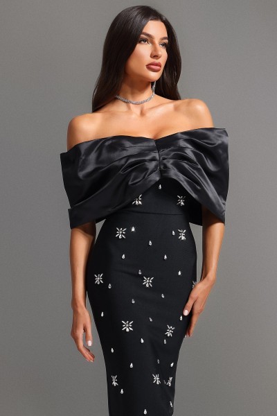 Rochie maxi cu diamante, fără umăr, Soloma