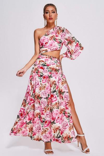Rochie maxi cu un umăr cu flori Marris