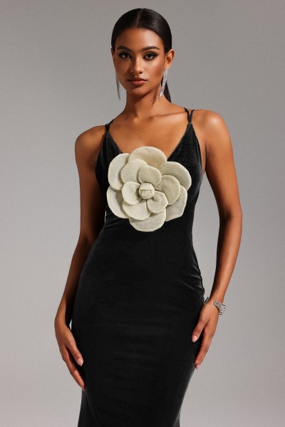 Rochie maxi din catifea Taliyah, cu decolteu în V, flori fără mâneci