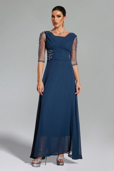 Rochie maxi din satin cu plasă plisată Blanche Diamante - bleumarin
