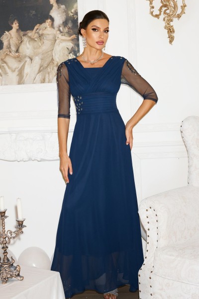 Rochie maxi din satin cu plasă plisată Blanche Diamante - bleumarin