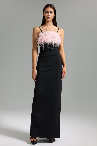 Rochie maxi Henrietta Feather Side Slit Bandage - Negru