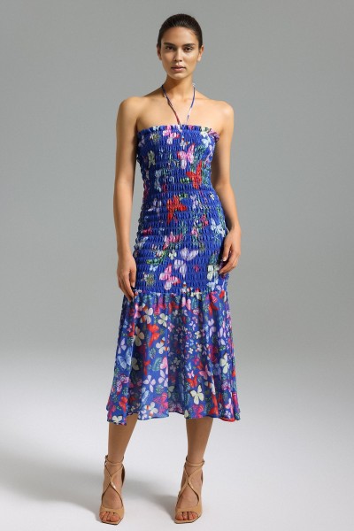 Rochie midi cu imprimeu evazat Yoli - Albastru