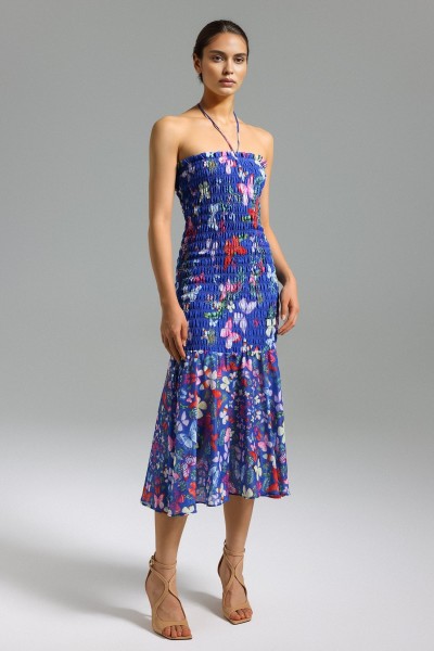 Rochie midi cu imprimeu evazat Yoli - Albastru