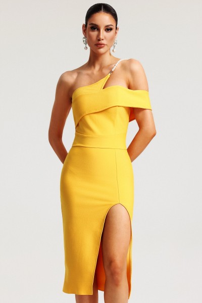 Rochie midi Falisa, cu un singur umăr, cu fantă perlă