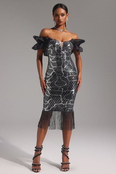 Rochie midi Pippa cu umeri drepti cu volan cu paiete