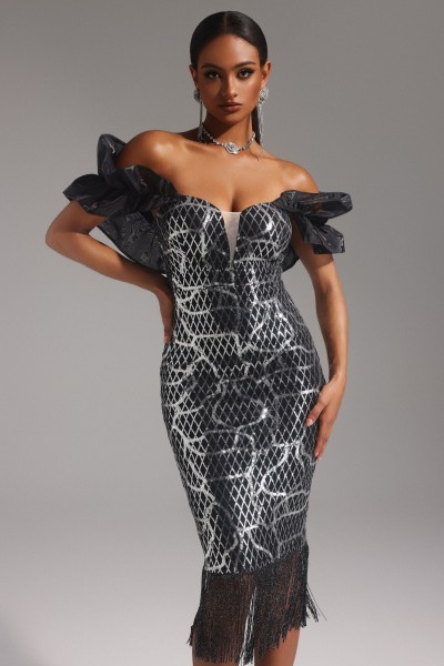 Rochie midi Pippa cu umeri drepti cu volan cu paiete