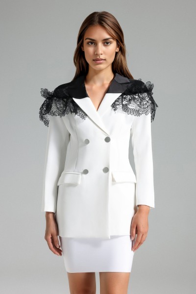 Rochie mini blazer cu flori din dantela Endora - alb