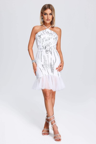 Rochie mini cu paiete cu decolteu trandafir