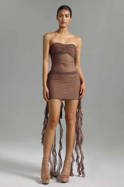 Rochie mini din plasă cu volane Kylli Rhinestons